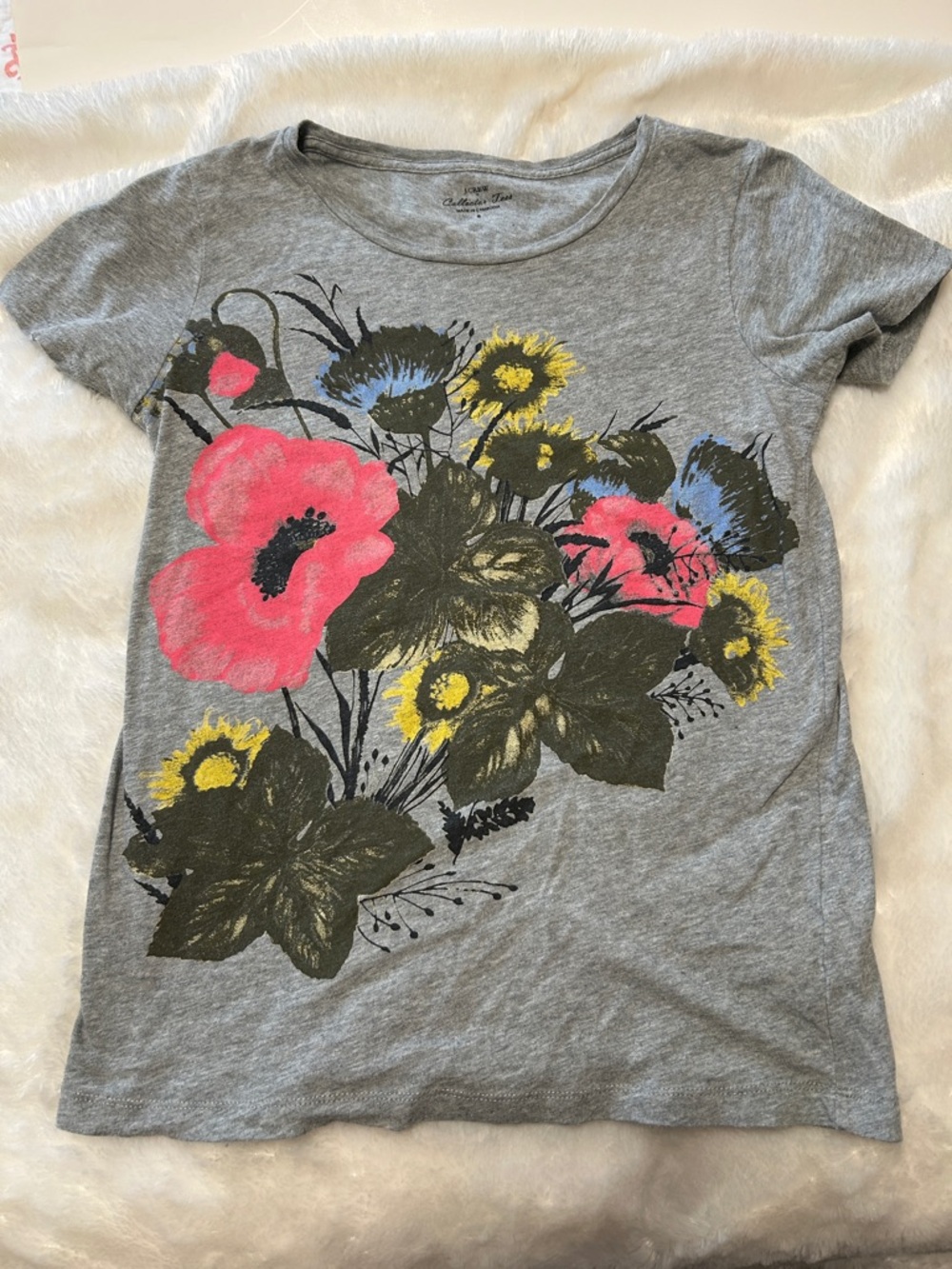 Jcrew Factory Grey Floral Graphic Tee with Pink & Yellow Accents